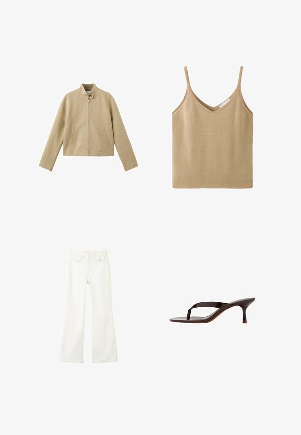 Veste beige zippée à manches longues, col montant avec fermeture à bouton, et deux poches frontales verticales.; Débardeur beige en maille sans manches avec fines bretelles et encolure en V, avec une petite étiquette de marque blanche à l'intérieur du col.; Pantalon blanc taille haute avec jambes évasées, bouton et fermeture éclair à l'avant, et deux poches à rabat avec boutons à la taille devant.; Sandale à talon en cuir verni noir avec bride entre les orteils et un talon petit kitten élancé de hauteur moyenne, vue de côté sur fond blanc.