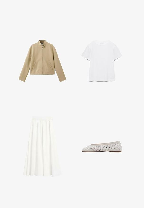 Veste beige zippée à manches longues, col montant avec fermeture à bouton, et deux poches frontales verticales.; T-shirt blanc uni à manches courtes et col rond, avec un ourlet droit, présenté sur un fond blanc.; Jupe blanche, longue et fluide avec une taille élastique et des plis doux, présentée sur un fond uni.; Ballerines en tissu crème avec des paillettes argentées disposées en motif de points, bout rond et semelle brune basse. Dessus texturé pour une touche de détail supplémentaire.
