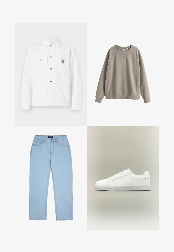 Weißes Denim-Jacket mit Kentkragen, vorderem Knopfverschluss, zwei Brusttaschen und einem Logopatch auf der linken Tasche.; Hellbraunes Sweatshirt mit Rundhalsausschnitt, langen Raglanärmeln, gerippten Bündchen und Saum, vor weißem Hintergrund dargestellt.; Hellblaue Jeans mit geradem Bein, Vordertaschen, Gürtelschlaufen, Knopfverschluss und sichtbaren Nahtdetails.; Weißer Sneaker mit niedrigem Schaft, Schnürung vorne und strukturierter Gummisohle vor einfachem neutralem Hintergrund.