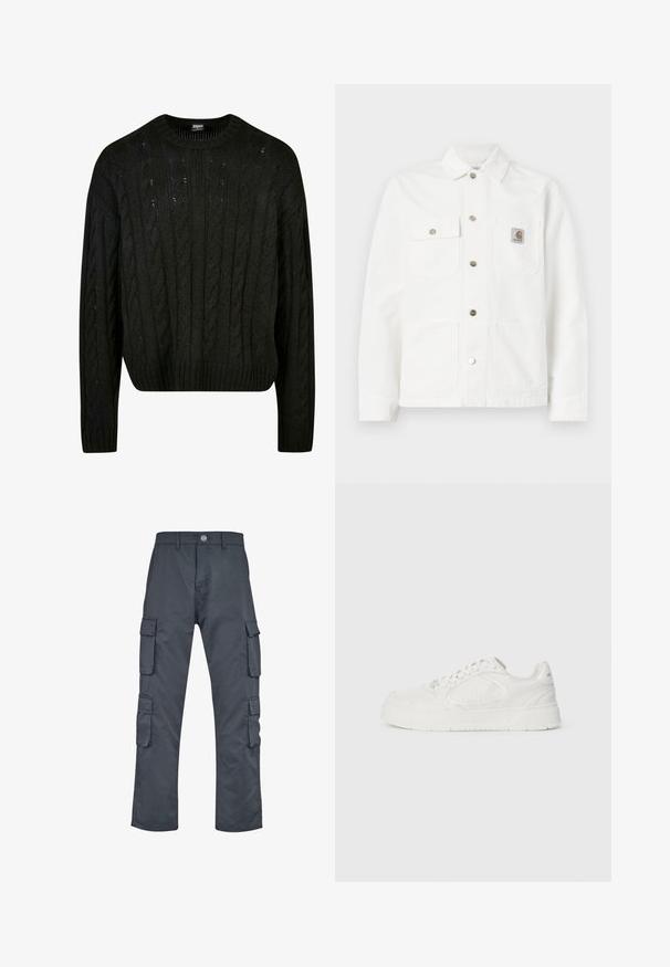 Hvid denimjakke med sprede krave, front lukning med knapper, to brystlommer og et logo patch på venstre lomme.; Sort strikket sweater med kabelstrik mønstre, rund halsudskæring, dropped skuldre og ribbet kant. Mellemlang design med en tekstureret finish.; Mørkegrå cargo bukser med lige ben-design, der har flere sidelommer og lukning med knap foran. Lavet af slidstærkt stof.; Hvid sneakers lavet af glat læder med teksturerede detaljer, udstyret med en rund tå, snørelukning fortil og en tyk sål med riller.