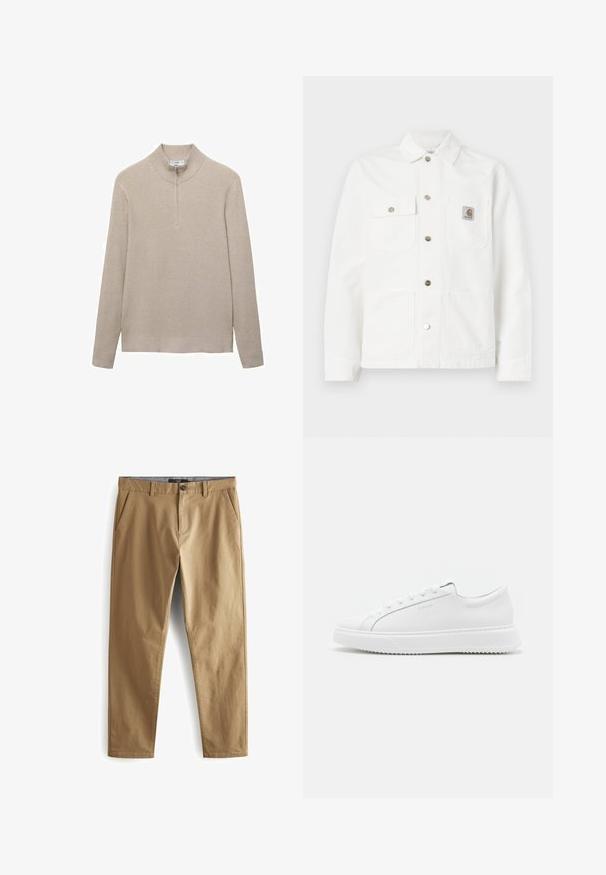 Valkoinen farkkutakki, jossa on leviävä kaulus, edessä nappisulku, kaksi rintataskua ja logopatch vasemmassa taskussa.; Beige ribbattu neule, jossa on korkea kaulus ja puolivälin vetoketju. Pitkät hihat ja kapea helma tekevät tekstuurista näyttävän.; Next STRETCH - Housut - dark sand; Valkoiset tennarit, jotka on valmistettu sileästä synteettisestä materiaalista. Niissä on matala malli, kohotettu valkoinen pohja, pyöristetty varvas ja nauhakiinnitys, jossa on viisi silmukkaa.