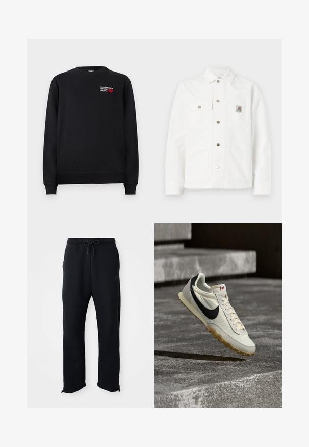 Witte denimjack met een gespreide kraag, sluiting met knopen aan de voorkant, twee borstzakken en een logopatch op de linkse zak.; Zwarte sweatshirt van een katoenmix, met een ronde hals, geribbelde manchetten en een klein rood en wit "New Balance" logo op de borst.; Zwarte sportbroek met elastische tailleband en trekkoord, met zijzakken, taps toelopende pijpen en ritsen bij de enkels. Glad textuur.; Witte en zwarte Nike sneaker met gumzool, zwevend boven betonnen trappen, verlicht door natuurlijk zonlicht.