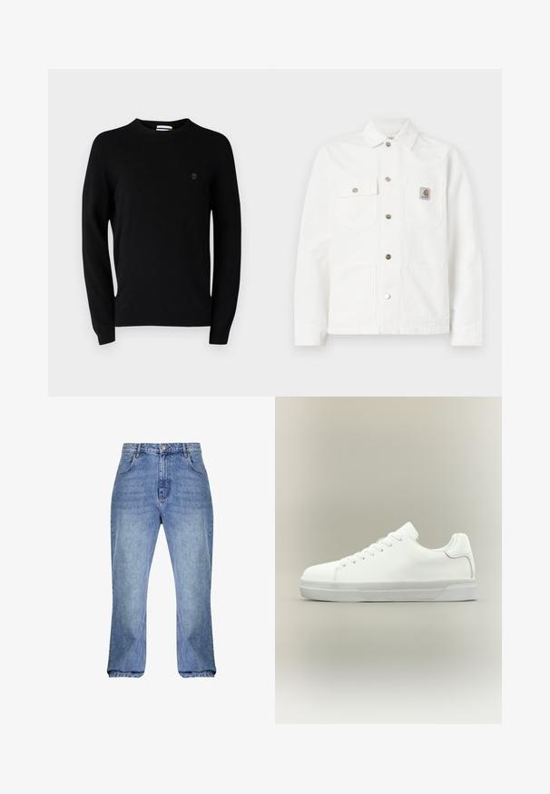 Chaqueta de mezclilla blanca con cuello spread, cierre frontal de botones, dos bolsillos en el pecho y un parche de logotipo en el bolsillo izquierdo.; Suéter negro de cuello redondo hecho de un tejido suave, con mangas largas y un sutil logo en el pecho. Diseño simple, sin patrones ni acentos.; Jeans de mezclilla azul claro con cintura alta, corte recto y bajos ligeramente acampanados. Presenta un estilo clásico de cinco bolsillos y pasadores para cinturón.; Zapatilla blanca de corte bajo con cierre de cordones, cuello acolchado y suela de goma texturizada, mostrada de perfil sobre un fondo neutro.