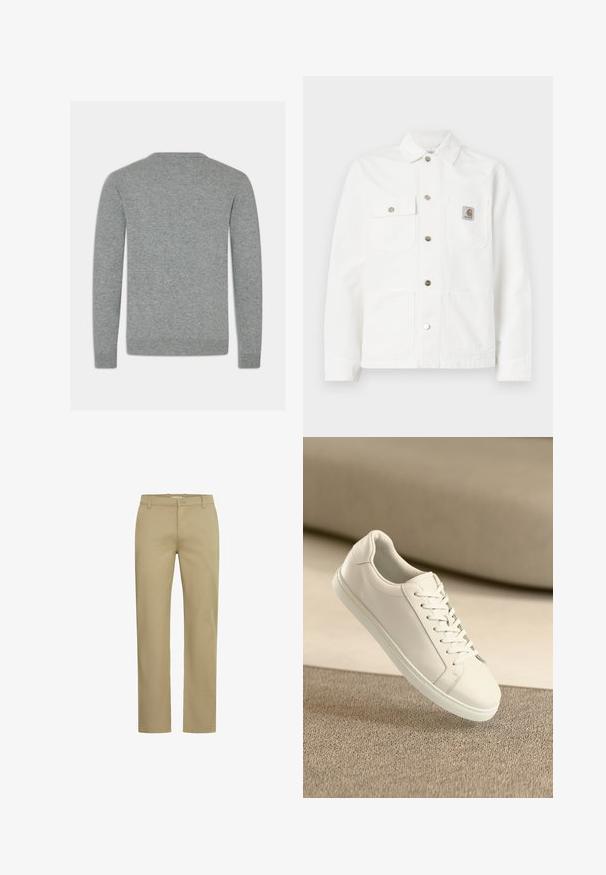 Witte denimjack met een gespreide kraag, sluiting met knopen aan de voorkant, twee borstzakken en een logopatch op de linkse zak.; Grijze gebreide trui met een ronde halslijn, lange mouwen en geribbelde manchetten. Het materiaal lijkt zacht met een gladde textuur.; Beige katoenen broek met een rechte snit, voorzakken, een knoop- en ritssluiting, en riemlussen. Glad materiaal, klassiek ontwerp.; Witte leren sneaker met witte veters, weergegeven op een beige textuurovervlak en een zacht vervaagd achtergrond.