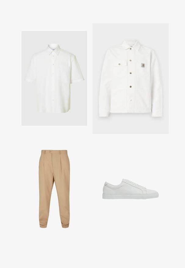 Hvid denimjakke med sprede krave, front lukning med knapper, to brystlommer og et logo patch på venstre lomme.; Kortærmet hvid skjorte lavet af letvægtsstof, med spids krave, knaplukning foran og en brystlomme.; Beige skræddersyede bukser med læg, knaplukning, bæltestropper og tapered ben på en hvid baggrund.; Reiss REGULAR FIT - LUCA TUMBLED - Sneakers - white
