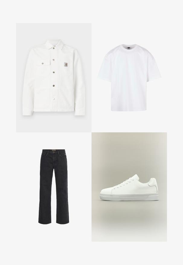 Witte denimjack met een gespreide kraag, sluiting met knopen aan de voorkant, twee borstzakken en een logopatch op de linkse zak.; Witte korte mouw t-shirt met een ronde hals, gemaakt van katoen, met een ontspannen pasvorm en minimale stiksel-details.; Zwarte denim wijde broek met knoopsluiting, vijf zakken en een licht vervaagde textuur. Rechte snit van taille tot zoom.; Witte lage sneaker met veters aan de voorkant, gevoerde kraag en gerubberde zool met textuur, zijaanzicht op een neutrale achtergrond.