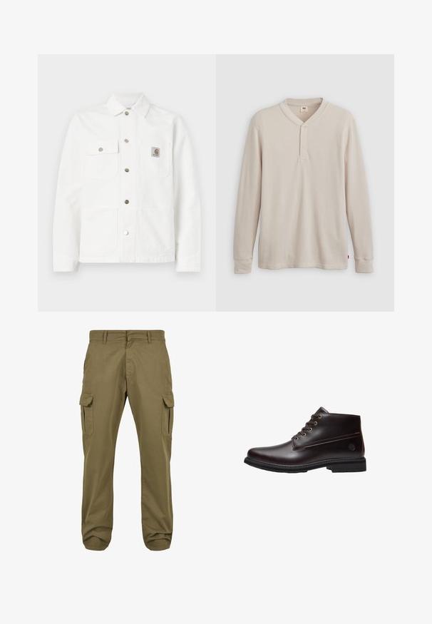 Veste en denim blanc avec col ouvert, fermeture frontale à boutons, deux poches poitrine et un patch logo sur la poche gauche.; T-shirt henley à manches longues en tissu côtelé beige clair, avec un col en V, une patte de boutonnage à trois boutons et des manches à poignets. Étiquette logo rouge à l'ourlet.; Pantalons cargo verts avec une coupe droite, en coton, dotés de poches latérales et d'une fermeture à bouton pour plus de fonctionnalité. Texture lisse, design décontracté.; Bottine en cuir marron foncé à lacets avec semelle noire et logo discret de la marque sur le côté, présentée de profil sur fond blanc.