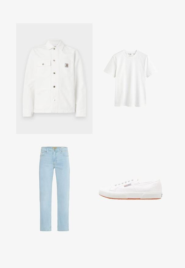 Weißes Denim-Jacket mit Kentkragen, vorderem Knopfverschluss, zwei Brusttaschen und einem Logopatch auf der linken Tasche.; Weißes Baumwoll-T-Shirt mit Rundhalsausschnitt, kurzen Ärmeln und lässiger Passform. Glatte Textur und keine sichtbaren Muster oder Akzente.; Hellblaue Denim-Jeans mit geradem Schnitt, traditionellem Fünf-Taschen-Design sowie einem Messingknopf und Reißverschlussverschluss vorne.; Weiße Leinensneaker mit Gummisohle, Schnürdesign und einem kleinen Logolabel an der Seite. Strukturierte weiße Oberseite und braune Außensohle.