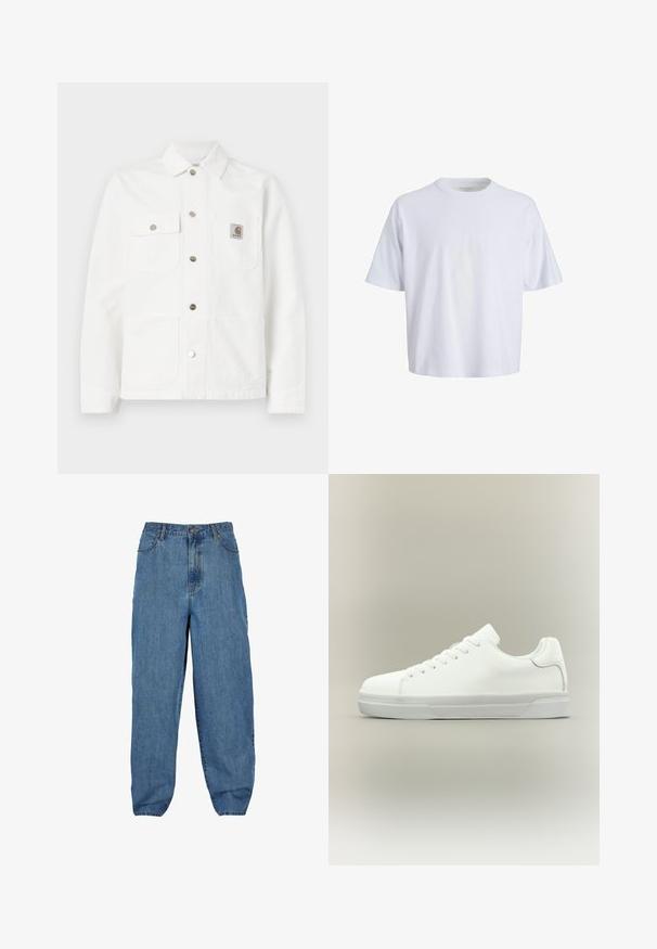 Chaqueta de mezclilla blanca con cuello spread, cierre frontal de botones, dos bolsillos en el pecho y un parche de logotipo en el bolsillo izquierdo.; Camiseta de algodón blanca con cuello redondo, mangas cortas y un corte relajado. Textura suave y diseño minimalista sin patrones ni acentos visibles.; Pantalones de mezclilla de color azul claro con cintura alta, diseño de pierna ancha, estilo de cinco bolsillos, y cierre de botón y cremallera.; Zapatilla blanca de corte bajo con cierre de cordones, cuello acolchado y suela de goma texturizada, mostrada de perfil sobre un fondo neutro.