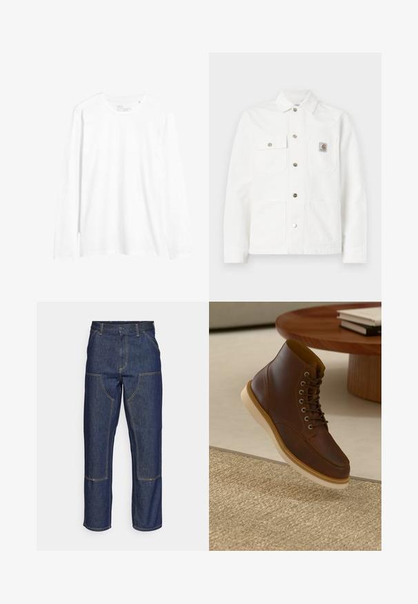 Hvid denimjakke med sprede krave, front lukning med knapper, to brystlommer og et logo patch på venstre lomme.; Langærmet hvid t-shirt lavet af bomuld. Har rund halsudskæring, slim fit og sideslids ved kanten. Simpelt design uden mønstre.; Mørkeblå denim jeans med høj talje, lige ben-design, kontrastsyninger og lappelommer foran.; Brune læderankelstøvle med beige sål på et struktureret beige tæppe ved siden af et rundt træbord med stakke af bøger.