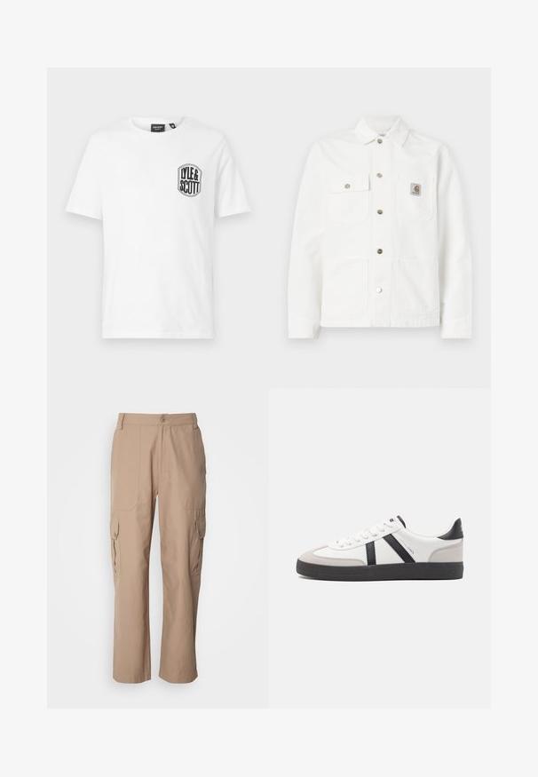Valge denim-jakk, millel on avatud krae, esimesed nööpide kinnitused, kaks rinna taskut ja logotasku vasakul taskul.; Valge puuvillane T-särk ümmarguse kaelusega, vasakul rinnal must Lyle & Scott logo päits. Lühikesed varrukad, lihtne disain.; Kerged püksid, mis on valmistatud kerge materjaliga, sisaldavad kahte külgpocketit, nööbiga kinnitamist ja sirget lõiget.; Valged tossud mustade ja hallide aktsentidega, tekstureeritud halli varbakattega, musta kummitald ja lamedad valged paelad. Puhtad jooned, minimalistlik stiil.