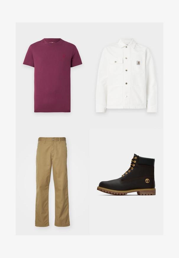 Witte denimjack met een gespreide kraag, sluiting met knopen aan de voorkant, twee borstzakken en een logopatch op de linkse zak.; Bordeaux t-shirt met korte mouwen van katoen, met een ronde hals en een klein geborduurd logo op de linkerkant van de borst. Van een soepele stof.; Khaki chino's met een recht gesneden ontwerp, gemaakt van soepel katoenstof. Voorzien van een knoopsluiting aan de voorkant en zijzakken.; Zwarte leren enkellaars met gouden oogjes, bruine accenten en een rubberen zool. Heeft een gevoerde kraag en geperst logo aan de zijkant.
