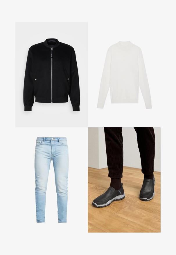 Veste bomber noire en mélange de laine, avec une fermeture éclair devant, deux poches latérales avec boutons-pression argentés, des poignets côtelés et un col montant.; Pull-over blanc avec un col montant, des manches longues et des poignets et un ourlet côtelés. Fabriqué en tissu tricoté doux. Design simple et ajusté.; Jean en denim bleu clair avec une coupe slim, taille haute et décoloration subtile, fermeture par bouton et design à cinq poches.; Chaussures noires à enfiler avec des dessus en cuir texturé et une semelle en caoutchouc gris, posées sur un sol en bois et accompagnées de pantalons en velours côtelé.