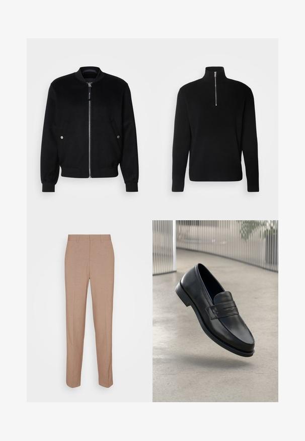 Chaqueta bomber negra confeccionada en una mezcla de lana, con cierre de cremallera en la parte delantera, dos bolsillos laterales con broches plateados, puños acanalados y cuello alto.; Lindbergh HALF ZIP RIB KNIT - Jersey de punto - black; Pantalones beige a medida en una tela lisa y con textura. Corte recto con cintura y sin adornos ni bolsillos visibles.; Mocasín de cuero negro con textura suave, punta puntiaguda y una correa decorativa a lo largo del empeine. Suela ligera, diseño minimalista.