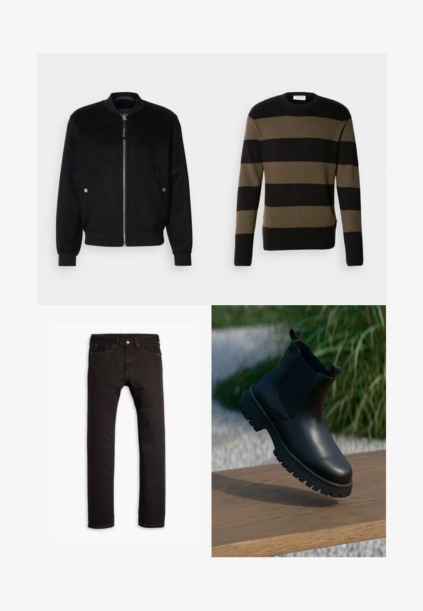 Zwarte bomberjack van een wolmix, met een rits aan de voorkant, twee zijzakken met zilveren drukknopen, geribbelde mouwen en een staande kraag.; Lindbergh BLOCK STRIPE - Trui - olive; Zwarte slim-fit jeans met vijf zakken en knoopsluiting, plat weergegeven op een witte achtergrond.; Zwarte leren enkellaarsjes met elastische zijpanelen, ronde neus en robuuste zool, tentoongesteld op een houten oppervlak.