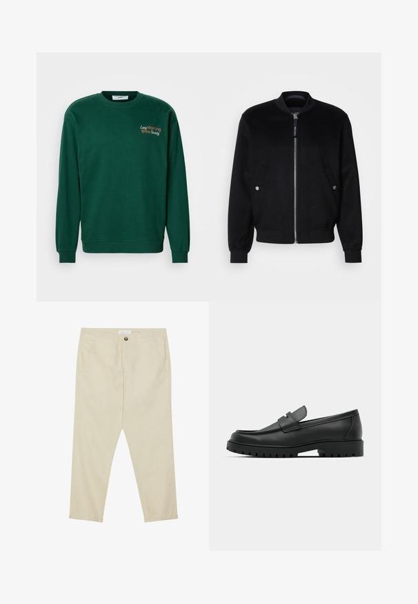 Zwarte bomberjack van een wolmix, met een rits aan de voorkant, twee zijzakken met zilveren drukknopen, geribbelde mouwen en een staande kraag.; Donkergroene sweatshirt met een ronde hals, lange mouwen en geribbelde manchetten. Is voorzien van de geborduurde tekst "Lazy Morning Brew Society" in oranje en wit.; Beige katoenen broeken met een rechte snit, voorzakken en een knoopsluiting. Enkel lengte met een gladde textuur.; Zwarte leren instappers met een ronde neus, voorzien van een gestikt ontwerp, een lage platformzool en een gestructureerde, grof rubberen buitenzool.