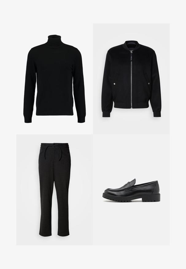 Veste bomber noire en mélange de laine, avec une fermeture éclair devant, deux poches latérales avec boutons-pression argentés, des poignets côtelés et un col montant.; Un pull à col roulé noir en matière tricotée douce. Il possède des manches longues, un col et un ourlet côtelés. Son design est simple et épuré, sans motifs.; Pantalons en tricot noirs avec un waistband à cordon de serrage, coupe droite et poches latérales. Texture douce avec une finition lisse.; Mocassins en cuir noir avec un bout arrondi, un design à enfiler et une semelle en caoutchouc épaisse avec une texture antidérapante. Talon surélevé et détails de surpiqûre subtils.
