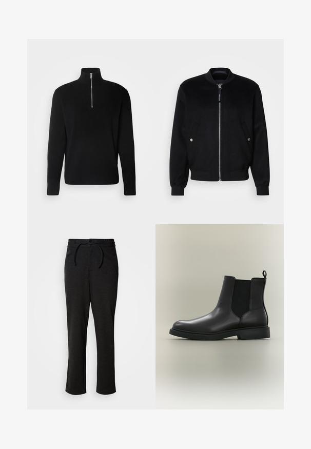 Veste bomber noire en mélange de laine, avec une fermeture éclair devant, deux poches latérales avec boutons-pression argentés, des poignets côtelés et un col montant.; Lindbergh HALF ZIP RIB KNIT - Pullover - black; Pantalons en tricot noirs avec un waistband à cordon de serrage, coupe droite et poches latérales. Texture douce avec une finition lisse.; Botte Chelsea en cuir noir avec panneaux latéraux élastiques, languette arrière et semelle en caoutchouc basse et durable, présentée sur un fond neutre.