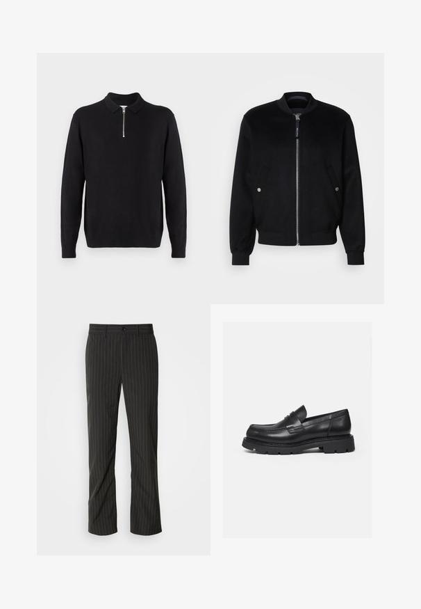 Veste bomber noire en mélange de laine, avec une fermeture éclair devant, deux poches latérales avec boutons-pression argentés, des poignets côtelés et un col montant.; Pull noir à col zippé, à manches longues, avec des poignets et un ourlet côtelés, fabriqué dans un tissu doux et lisse.; Pantalons noirs à rayures fines avec une coupe droite. Présente une texture lisse, une fermeture à bouton à l'avant et des passants de ceinture.; Mocassin en cuir noir avec semelle épaisse crantée et détail de bride penny, présenté en profil droit sur fond blanc.
