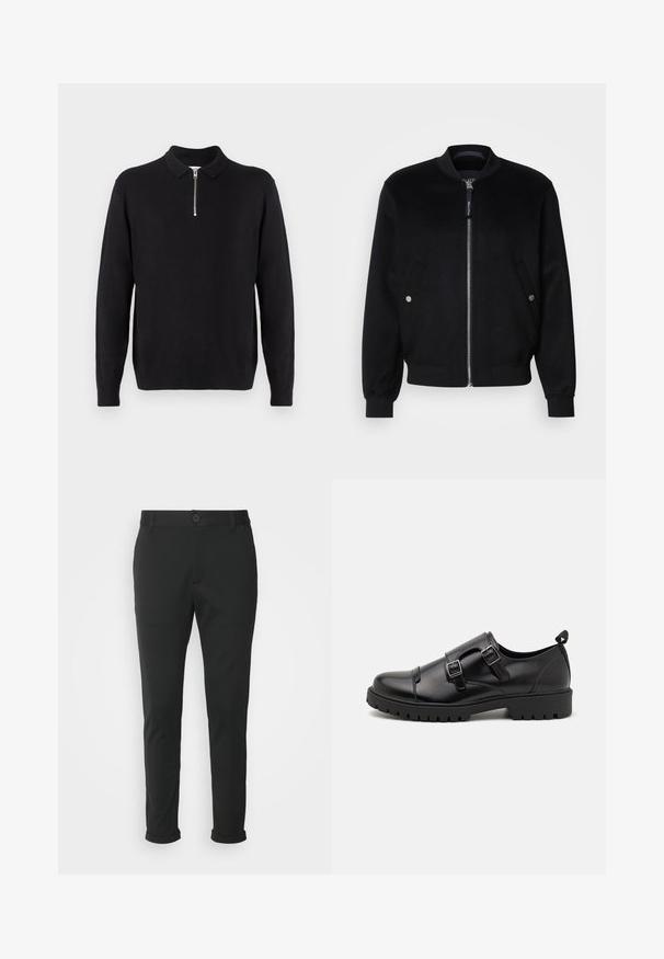 Veste bomber noire en mélange de laine, avec une fermeture éclair devant, deux poches latérales avec boutons-pression argentés, des poignets côtelés et un col montant.; Pull noir à col zippé, à manches longues, avec des poignets et un ourlet côtelés, fabriqué dans un tissu doux et lisse.; Pantalons noirs en tissu lisse avec une coupe droite. Présentent une fermeture à bouton unique et des ourlets roulés.; Pier One by Zalando Mocassins de ville - black