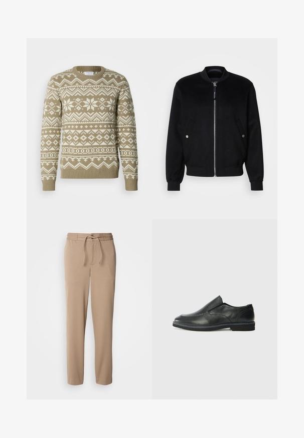 Veste bomber noire en mélange de laine, avec une fermeture éclair devant, deux poches latérales avec boutons-pression argentés, des poignets côtelés et un col montant.; Pull en tricot de couleur beige sable avec des motifs géométriques et floraux blancs. Il présente un col rond ainsi que des poignets et un ourlet côtelés.; Pantalons de survêtement beige en coton doux, avec une taille élastique, un cordon de serrage, une coupe slim et des jambes droites sans motifs.; Chaussure slip-on en cuir noir avec une tige lisse, des accents cousus, un bout arrondi et un petit talon en caoutchouc. La semelle présente un profil de traction minimal.