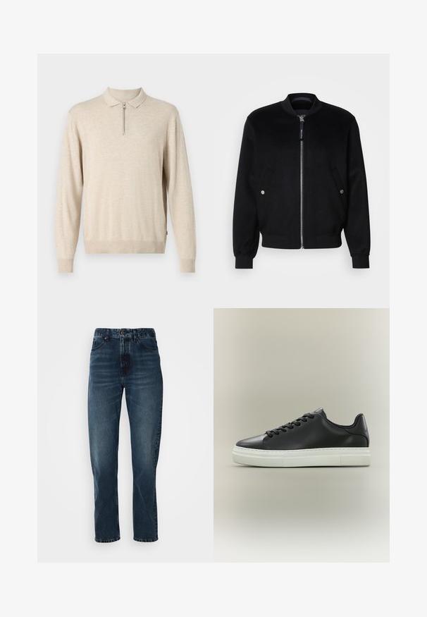 Veste bomber noire en mélange de laine, avec une fermeture éclair devant, deux poches latérales avec boutons-pression argentés, des poignets côtelés et un col montant.; Pull-over beige à manches longues avec un col et une fermeture éclair. Fabriqué en matériau doux avec des poignets et un ourlet côtelés.; Jeans droits bleu foncé avec fermeture à bouton et zip à l'avant, design à cinq poches, et subtile décoloration sur les cuisses et les genoux.; Basket basse en cuir noir avec lacets noirs et semelle épaisse en caoutchouc blanc sur fond neutre.