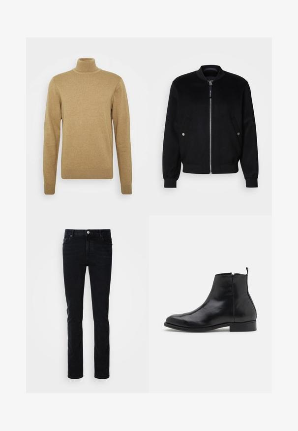 Veste bomber noire en mélange de laine, avec une fermeture éclair devant, deux poches latérales avec boutons-pression argentés, des poignets côtelés et un col montant.; pull à col roulé beige en tissu tricoté doux. Doté de manches longues et d'une coupe ajustée. Accents côtelés au niveau de l'ourlet et du col.; Jean en denim noir avec une coupe slim, présentant une poche avant, des passants de ceinture et une fermeture à bouton. Texture lisse, design minimaliste.; Zign by Zalando Bottines - black