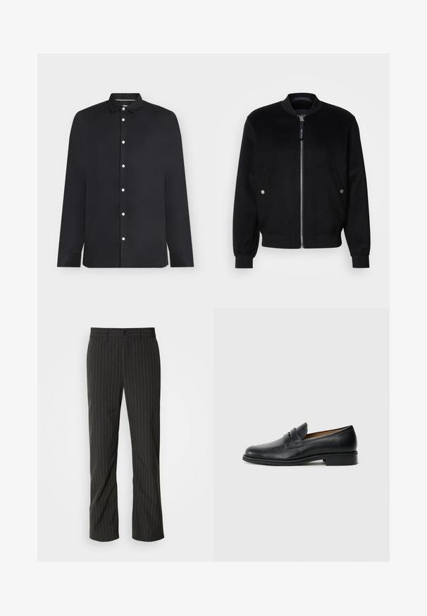Veste bomber noire en mélange de laine, avec une fermeture éclair devant, deux poches latérales avec boutons-pression argentés, des poignets côtelés et un col montant.; Chemise noire à manches longues boutonnée avec des boutons blancs et un petit logo brodé sur la poitrine gauche, présentée sur un fond blanc.; Pantalons noirs à rayures fines avec une coupe droite. Présente une texture lisse, une fermeture à bouton à l'avant et des passants de ceinture.; Mocassins en cuir noir avec un bout arrondi, présentant un détail de sangle à l'avant et un petit talon solide. Texture lisse et design épuré.