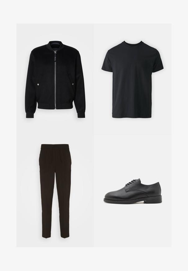 Veste bomber noire en mélange de laine, avec une fermeture éclair devant, deux poches latérales avec boutons-pression argentés, des poignets côtelés et un col montant.; T-shirt noir en coton à manches courtes avec un col rond et une coupe décontractée. Texture lisse et ourlet droit, sans graphismes ni motifs visibles.; Pantalons noirs, longs et fuselés fabriqués à partir d'un matériau doux et lisse. Dotés d'une taille élastique avec un cordon de serrage pour un ajustement réglable.; Chaussure oxford en cuir noir avec un bout rond, présentant une finition lisse, un laçage à cinq œillets et un petit talon empilé.