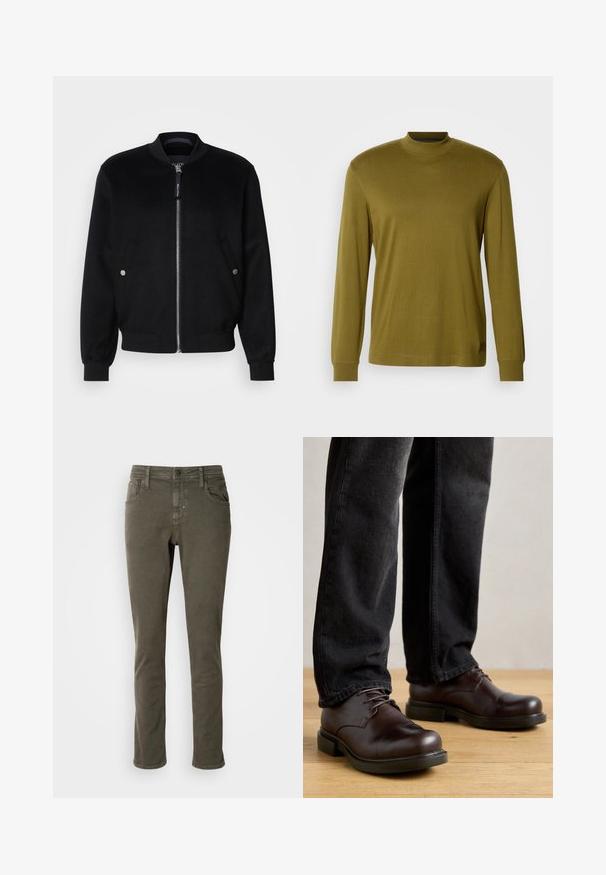 Zwarte bomberjack van een wolmix, met een rits aan de voorkant, twee zijzakken met zilveren drukknopen, geribbelde mouwen en een staande kraag.; Olijfgroene longsleeve turtleneck shirt van zacht materiaal, met een getailleerd ontwerp en ribbelboorden bij de nek en manchetten.; Antony Morato KURT COMFORT - Jeans Tapered Fit - dark olive; Bruine leren schoenen met een ronde neus, vetersluiting en robuuste zwarte rubberen zool, gecombineerd met donkere spijkerbroek.