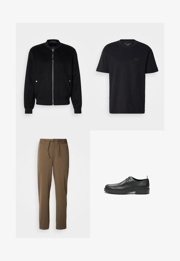 Veste bomber noire en mélange de laine, avec une fermeture éclair devant, deux poches latérales avec boutons-pression argentés, des poignets côtelés et un col montant.; T-shirt noir en coton à manches courtes avec un col ras du cou et une texture de patch logo noir sur la poitrine. Tissu lisse et léger.; Pantalons de survêtement marron, effilés, avec une taille élastique et un cordon de serrage. Texture douce et lisse, avec des poches latérales et un design simple.; Chaussures en cuir noir avec une finition lisse, bout arrondi et coutures décoratives. Elles possèdent une semelle en caoutchouc avec des rainures de traction et un laçage.