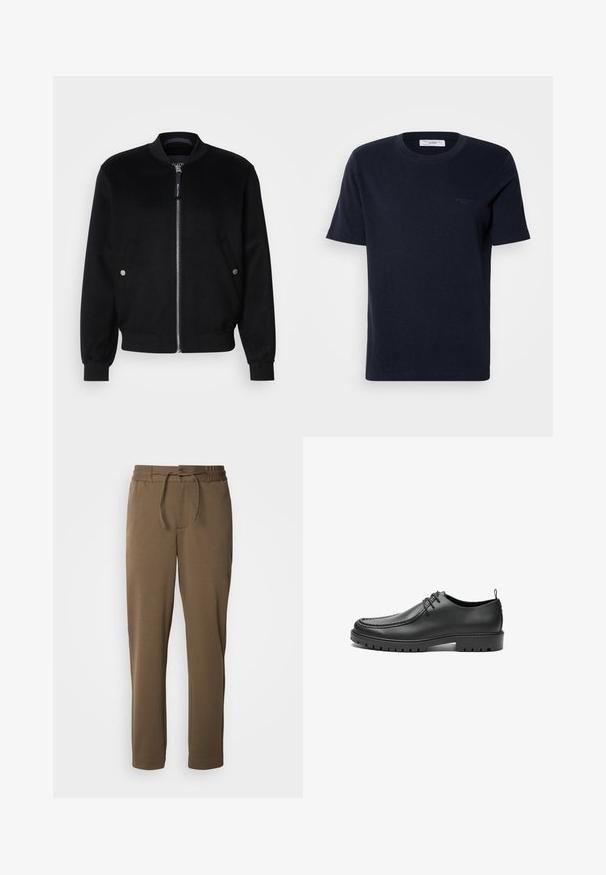 Veste bomber noire en mélange de laine, avec une fermeture éclair devant, deux poches latérales avec boutons-pression argentés, des poignets côtelés et un col montant.; T-shirt en coton bleu marine à manches courtes, col rond et petit logo sur la poitrine. Texture lisse, coupe classique.; Pantalons de survêtement marron, effilés, avec une taille élastique et un cordon de serrage. Texture douce et lisse, avec des poches latérales et un design simple.; Chaussures en cuir noir avec une finition lisse, bout arrondi et coutures décoratives. Elles possèdent une semelle en caoutchouc avec des rainures de traction et un laçage.
