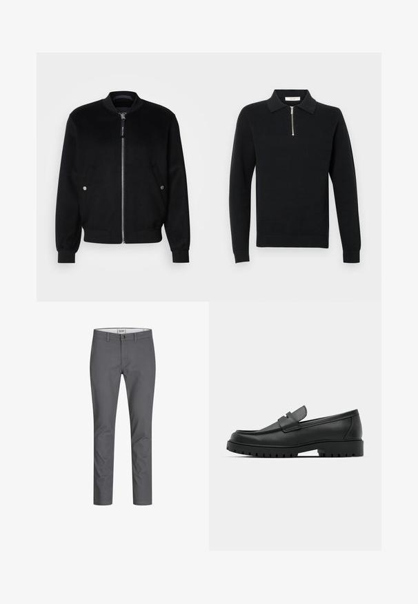 Veste bomber noire en mélange de laine, avec une fermeture éclair devant, deux poches latérales avec boutons-pression argentés, des poignets côtelés et un col montant.; Pull noir en tricot avec col, doté d'une fermeture éclair sur le devant, d'un matériau en tricot texturé et de bords côtelés aux poignets et à l'ourlet.; Pantalon en coton gris à coupe droite, doté d'une fermeture à bouton à l'avant et de passants de ceinture. Texture lisse sans motifs ni accents visibles.; Mocassins en cuir noir à bout arrondi, avec un design cousu, une semelle plateforme basse et une semelle en caoutchouc texturée et crantée.