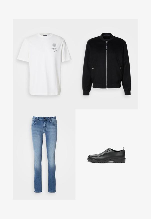 Chaqueta bomber negra confeccionada en una mezcla de lana, con cierre de cremallera en la parte delantera, dos bolsillos laterales con broches plateados, puños acanalados y cuello alto.; Camiseta de algodón blanca con cuello redondo, mangas cortas y un diseño impreso de logo y texto en la parte delantera en gris.; Jeans de denim azul claro que cuentan con un diseño clásico de cinco bolsillos, pierna recta y un desvanecimiento sutil. Confeccionados con una tela suave y duradera.; Zapatos de cuero negro con un acabado suave, punta redondeada y costuras decorativas. Cuenta con una suela de goma con surcos para tracción y un diseño de cordones.