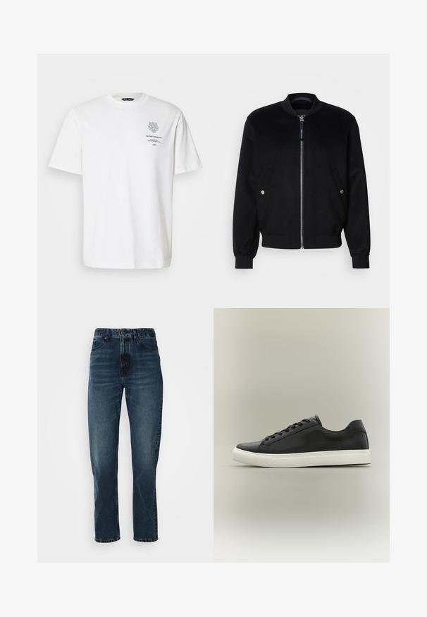 Veste bomber noire en mélange de laine, avec une fermeture éclair devant, deux poches latérales avec boutons-pression argentés, des poignets côtelés et un col montant.; T-shirt en coton blanc avec un col rond, des manches courtes et un motif de logo et de texte imprimé à l'avant en gris.; Jeans droits bleu foncé avec fermeture à bouton et zip à l'avant, design à cinq poches, et subtile décoloration sur les cuisses et les genoux.; Baskets basses noires avec semelle en caoutchouc blanche et lacets noirs, présentées de profil sur un fond neutre.