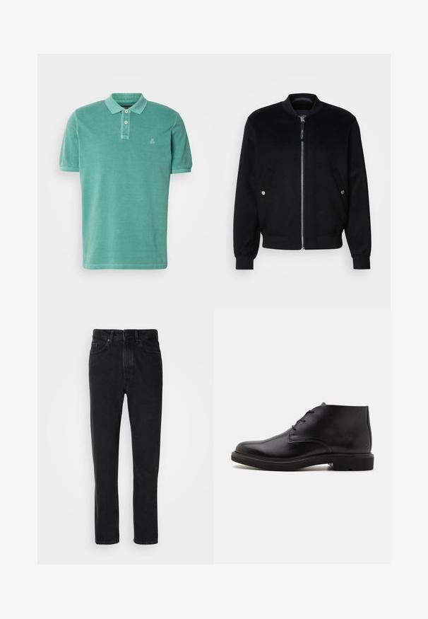 Zwarte bomberjack van een wolmix, met een rits aan de voorkant, twee zijzakken met zilveren drukknopen, geribbelde mouwen en een staande kraag.; Polo shirt in teal, gemaakt van katoen met een klassieke kraag, een knoopsluiting met twee knopen en een klein logo aan de linkerkant van de borst.; Zwarte denim jeans met een recht ontwerp, voorzien van een knoop- en ritsluiting, voorzakken en een subtiele textuur.; Zwarte leren enkellaars met drie veterogen, een afgeronde neus en platte zool op een effen lichte achtergrond.