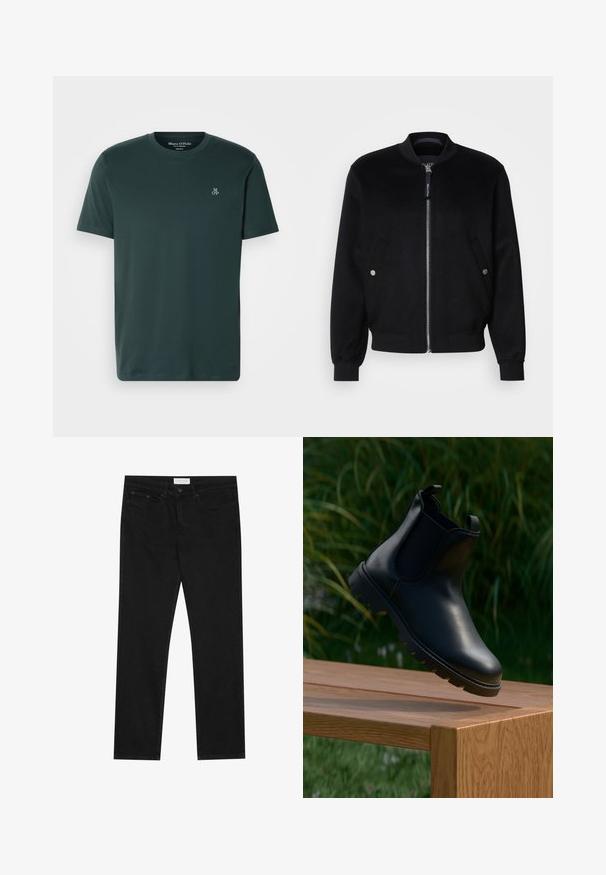 Chaqueta bomber negra confeccionada en una mezcla de lana, con cierre de cremallera en la parte delantera, dos bolsillos laterales con broches plateados, puños acanalados y cuello alto.; Camiseta verde oscuro hecha de tela suave, con cuello redondo y mangas cortas. Logo bordado en el lado izquierdo del pecho.; Jeans negros de pierna recta con diseño de cinco bolsillos, cierre de botón y cremallera, y etiqueta de la marca Pier One en la cinturilla.; Bota Chelsea de cuero negro con punta redonda, paneles laterales elásticos, tiradores y suela de goma texturizada, colocada sobre una superficie de madera.