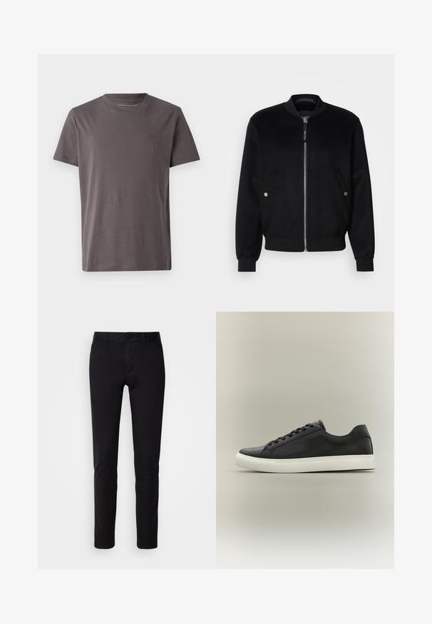 Veste bomber noire en mélange de laine, avec une fermeture éclair devant, deux poches latérales avec boutons-pression argentés, des poignets côtelés et un col montant.; T-shirt à manches courtes et col rond en gris foncé, fabriqué en coton doux, avec un logo subtil sur la poitrine et une coupe régulière.; Pantalons noirs en coton lisse, avec une coupe droite, des poches avant, une fermeture à bouton et une finition soignée.; Baskets basses noires avec semelle en caoutchouc blanche et lacets noirs, présentées de profil sur un fond neutre.
