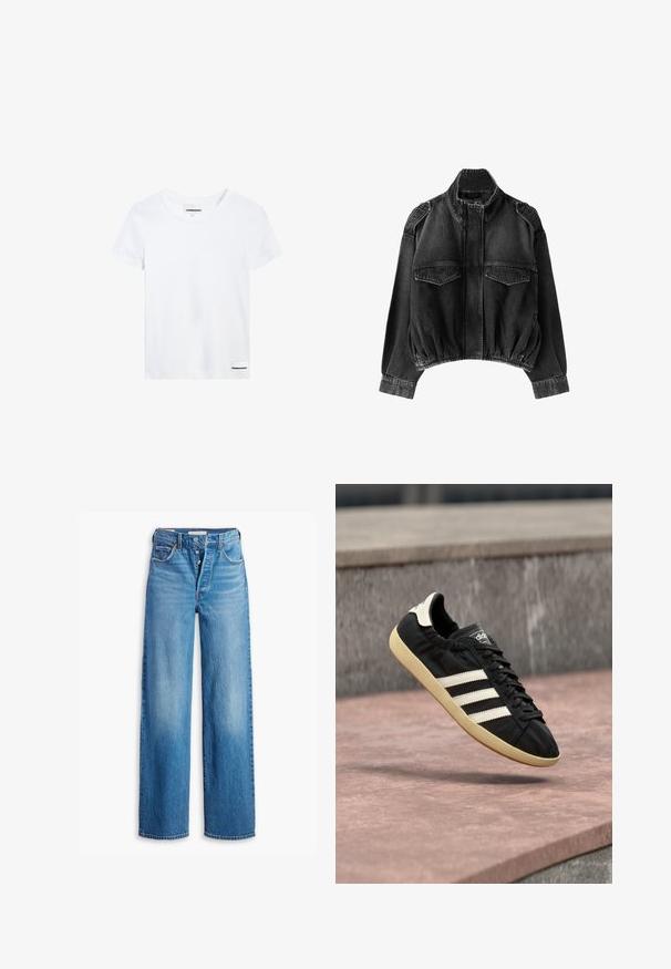 Zwarte cropped spijkerjas met hoge kraag, ritssluiting voor, twee borstflapzakken en elastische tailleband en manchetten.; Witte katoenen t-shirt met korte mouwen, een ronde halslijn en een klein zwart logo label aan de onderzijde links. Soepele textuur, standaard pasvorm.; Blauwe spijkerbroek met een hoge taille, wijde pijpen en vijf-pocketstijl. Voorzien van een knopenfly en een vervaagde afwerking.; Zwarte Adidas sneaker met witte strepen en beige zool, vastgelegd in de lucht boven een stenen oppervlak en een stenen muur op de achtergrond.