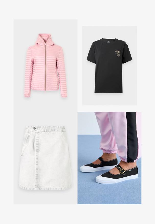 Lyserød quiltet jakke med hætte, lange ærmer og lynlås foran på en ensfarvet lys baggrund.; Sort t-shirt med korte ærmer med lille beige "Rip Curl Australia" logo og kænguru grafik på venstre bryst.; Denim nederdel i lysegrå. A-line design med frontlommer, en synlig søm ned ad midten og en enkelt metalknap i taljen.; Sorte lærredssko med en hvid sål, der har et udskæringsdesign og et guldspænde. Bæret med lyserøde træningsbukser.