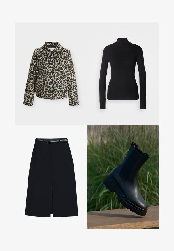 Veste à boutons avec motif léopard, manches longues et col, présentée sur un fond gris clair uni.; Pull à col roulé noir en maille légère. Il possède des manches longues, une coupe ajustée et une texture côtelée douce.; Jupe noire à mi-cuisse avec une fente frontale, fabriquée en tissu lisse. Comprend une fine ceinture noire avec une boucle en argent et des passants.; Bottes chevilles en cuir noir au design épuré, bout arrondi, panneaux latéraux élastiques et semelles en caoutchouc épaisses et texturées.
