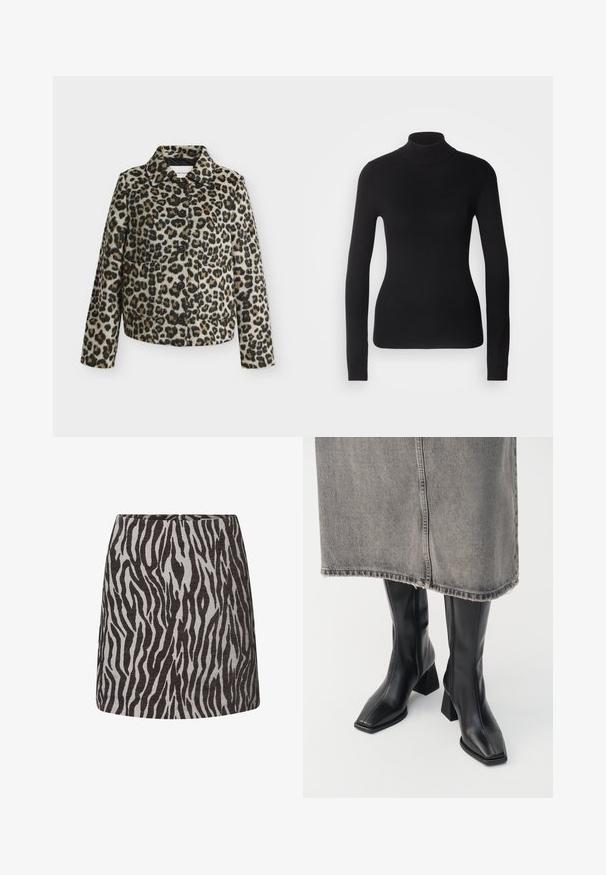 Chaqueta con botones con estampado de leopardo, mangas largas y cuello, mostrada sobre fondo gris claro liso.; Suéter negro de cuello alto hecho de un tejido de punto ligero. Presenta mangas largas, un diseño ajustado y una suave textura acanalada.; Minifalda con estampado de cebra en negro y gris, de corte recto y con cremallera oculta en la parte trasera.; Botas negras hasta la rodilla de cuero liso con punta cuadrada y tacón cuadrado. Llevadas con una falda de mezclilla gris con dobladillo desflecado.