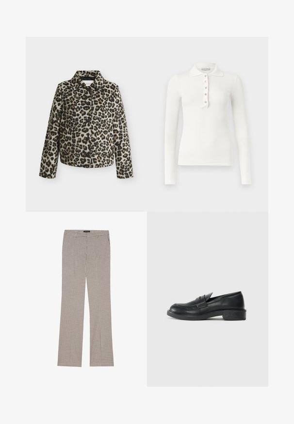 Veste à boutons avec motif léopard, manches longues et col, présentée sur un fond gris clair uni.; Polo blanc à manches longues côtelé avec cinq boutons et un col rabattu sur un fond uni.; Pantalons à motif check noir et blanc, fabriqués en tissu léger. Caractéristiques d'un design à jambe droite et d'une taille avec passants de ceinture.; Mocassins en cuir noir avec un bout arrondi, des détails cousus et un petit talon. Texture lisse et semelle en caoutchouc flexible.