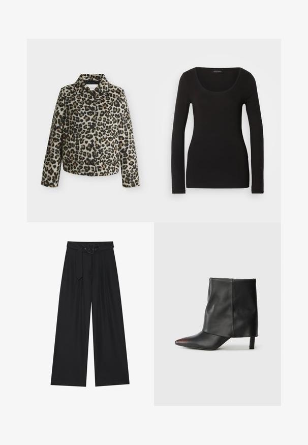 Veste à boutons avec motif léopard, manches longues et col, présentée sur un fond gris clair uni.; Haut noir à manches longues avec un décolleté en U, fabriqué en tissu doux et extensible. Présente une forme ajustée et une texture lisse. Étiquette de marque visible.; Pantalons noirs à jambes larges en tissu lisse, avec une taille haute, une ceinture à boucle carrée et des plis avant pour une texture ajoutée.; Bottine noire en cuir lisse avec un bout pointu et un talon effilé. La tige présente un design légèrement froncé.