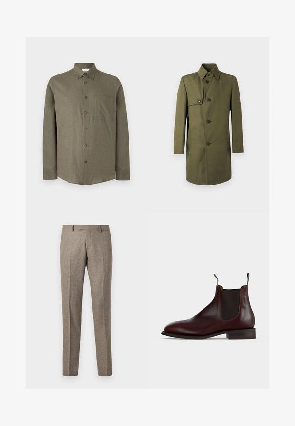Manteau vert olive à simple boutonnage avec cinq boutons, col pointu, détail à rabat sur la partie supérieure gauche de la poitrine, et deux poches latérales.; Chemise à manches longues vert olive boutonnée, avec col et poche poitrine, présentée de face sur un fond gris clair uni.; Pantalons en mélange de laine marron avec une coupe droite, présentant une texture subtile et des plis, terminés par une taille classique.; Bottine Chelsea en cuir marron foncé avec panneau latéral élastique, talon bas et languettes à l'avant et à l'arrière.
