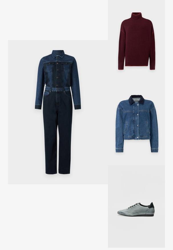 Denimjakke i medium blå med krave i marineblød kordfløjl, front snap-lukning, to sidelommer og en cropped design.; Denim jumpsuit med en mørkeblå farve, lange ærmer, knaplukning foran, krave og bælte i taljen med to brystlommer.; Burgunderrød rullekrave sweater med ribbet krave og manchetter, lavet af blødt materiale, med sænkede skuldre og en afslappet pasform.; Lysegrå læder sneakers med et strømlinet design, der har stikninger, sorte snørebånd og en mørk hælaccent. Gummisål.