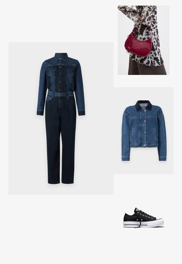 Denimjack in middelblauw met een marineblauwe corduroy kraag, voorste drukknoopsluiting, twee zijzakken en een cropped ontwerp.; Denim jumpsuit in een diepblauwe kleur, met lange mouwen, knoopsluiting aan de voorkant, kraag en een ceintuur in de taille met twee borstzakken.; Zwarte lage canvas sneaker met witte rubberen plateauzool, zwarte veters en metalen oogjes op een witte achtergrond.; Vrouw met een zwart-wit gebloemde blouse houdt een glanzende rode schoudertas vast tegen een effen achtergrond.
