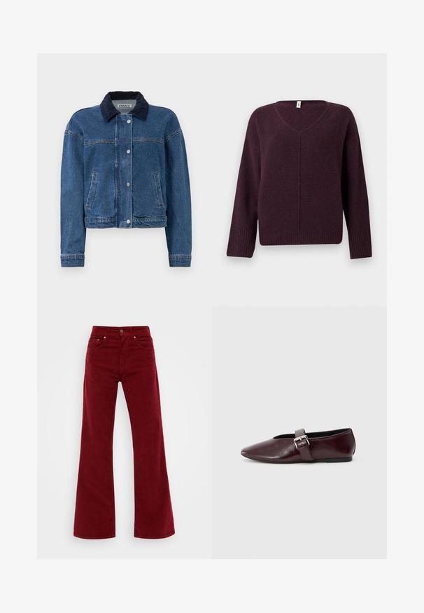 Denimjakke i medium blå med krave i marineblød kordfløjl, front snap-lukning, to sidelommer og en cropped design.; V-hals sweater i mørkeblå, lavet af blødt, tekstureret stof. Har lange ærmer og ribstrikkede kanter ved ærmer og nederkant.; Bordeaux farvede fløjl flared jeans med høj talje, fem lommer og knaplukning foran. Blød tekstur med brede ben.; Bordeaux læder ballerina sko med spidse tæer, flad sål og en dekorativ spænde-strop over vristen. Glat, blank tekstur.
