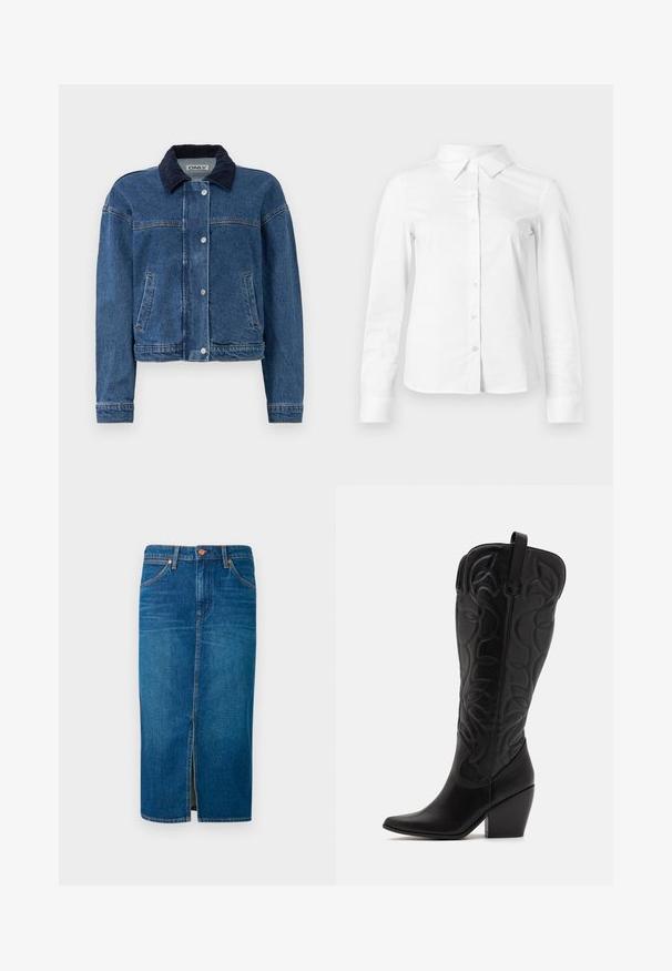 Denimjack in middelblauw met een marineblauwe corduroy kraag, voorste drukknoopsluiting, twee zijzakken en een cropped ontwerp.; Witte blouse met lange mouwen en knopen, met puntige kraag, rechte zoom en aansluitende silhouet, weergegeven op een effen lichte achtergrond.; Denim midi-schoot in diepblauw met een voorknof, vijf zakken, oranje stiksels en een beveiligde tailleband met twee metalen knopen.; Zwarte leren kniehoge laarzen met puntige neus en gestapelde hak. Voorzien van decoratief stiksel en gebogen designelementen.