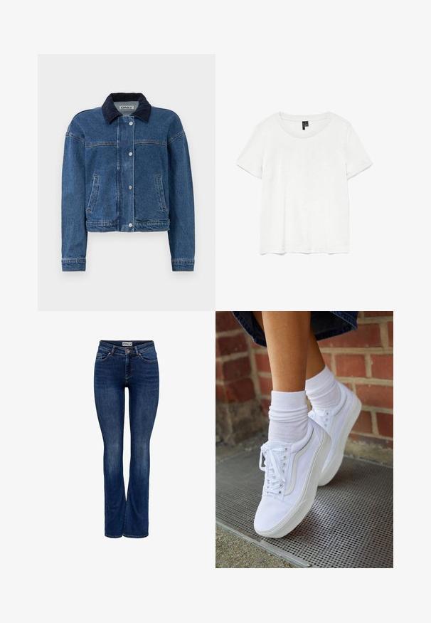 Denimjakke i medium blå med krave i marineblød kordfløjl, front snap-lukning, to sidelommer og en cropped design.; Hvid kortærmet t-shirt med rund halsudskæring, lavet af letvægtsstof. Enkel design, glat tekstur og lige kant.; Mørkeblå denim jeans med let falming, fem-pockets design, knaplukning og bootcut benstil, mærket "ONLY" på linningen.; Hvide lærreds sneakers med gummisåler, der har seks snørehuller, rund tå og let sømdetaljer, krydret med hvide ankelstrømper.